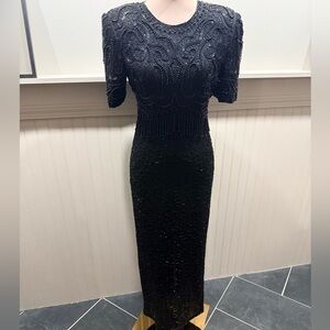 Vintage Laurence Kazar Silk Beaded Black Evening Gown Art Deco Formal Dress S
